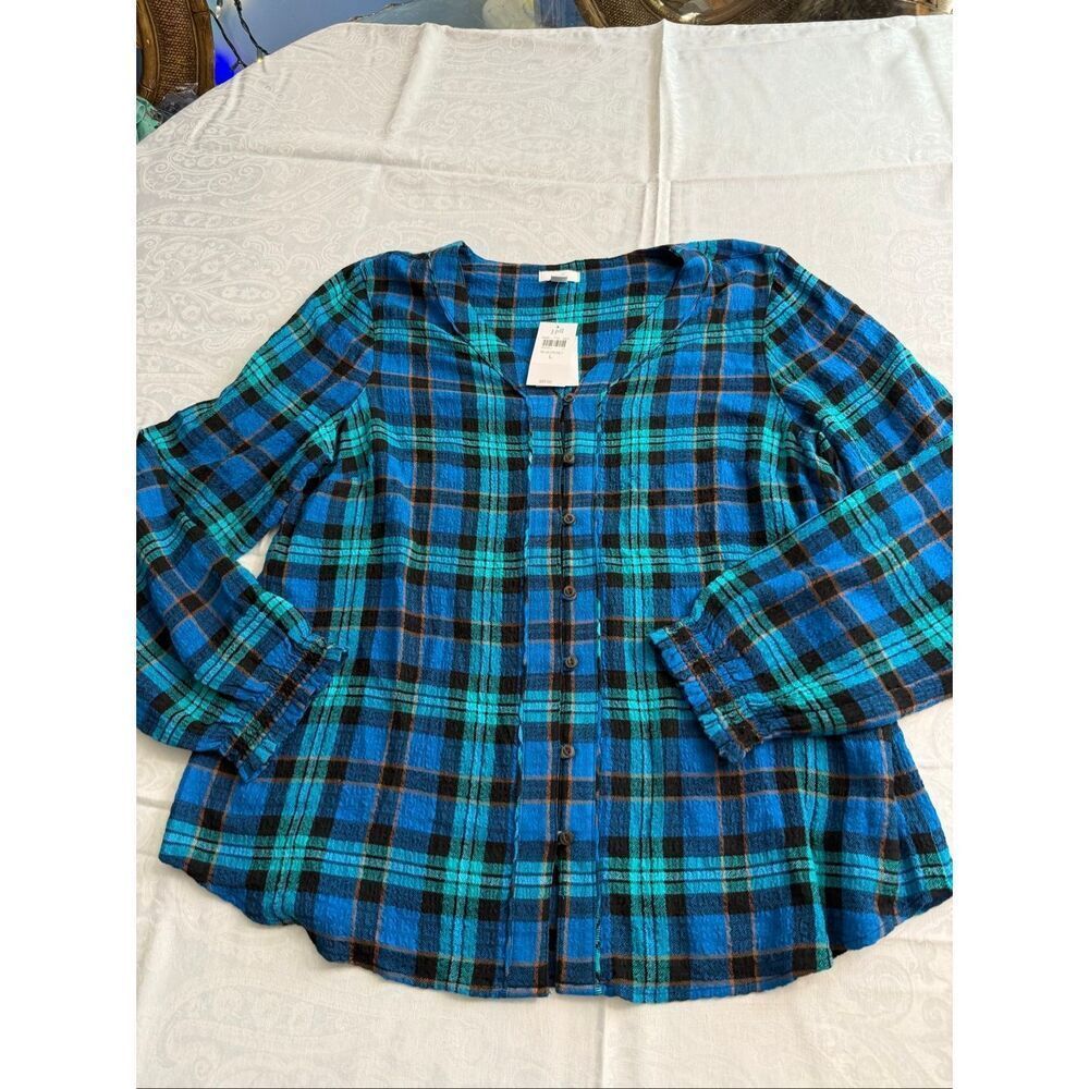 NWT J. Jill Blue Plaid Button Front Tunic Top Cotton Long Sleeve Size Large New
